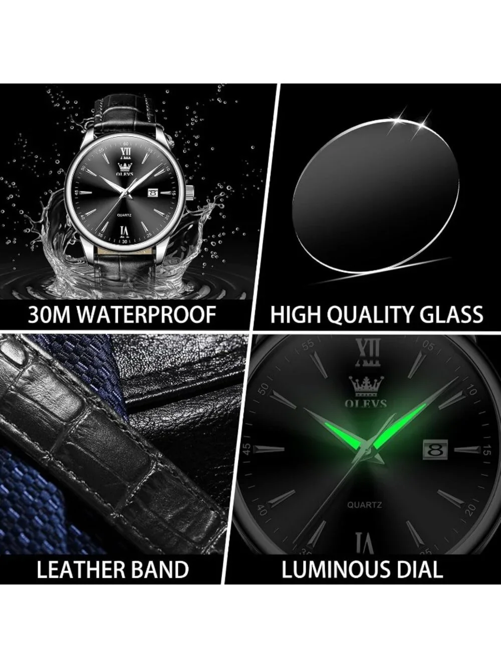 Mens Black Leather Band Analog Waterproof Relog Para Hombres Classic Wrist Watch